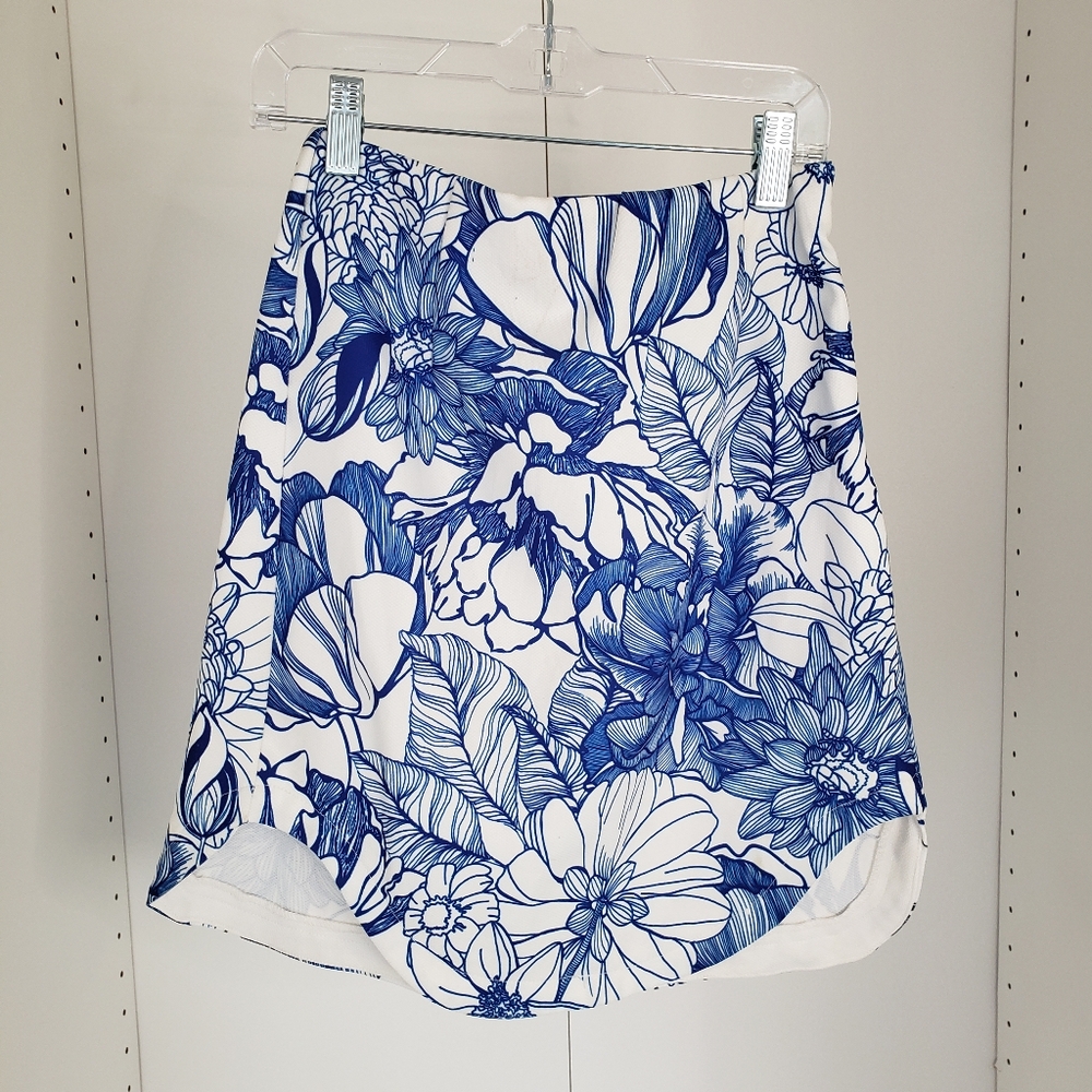 Floral Blue & White Geometric Tatoo Design stretchy skirt